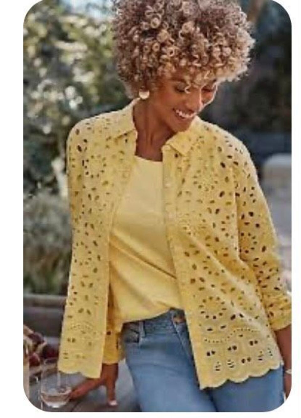 J Jill lemon, yellow eyelet scalloped hem cotton button shirt L boho